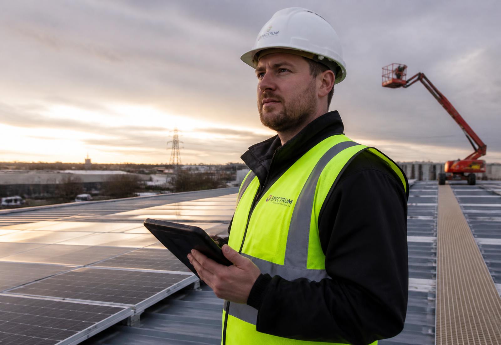 Contractor in hi-vis reviewing job paperwork on a tablet on a solar rooftop at sunset