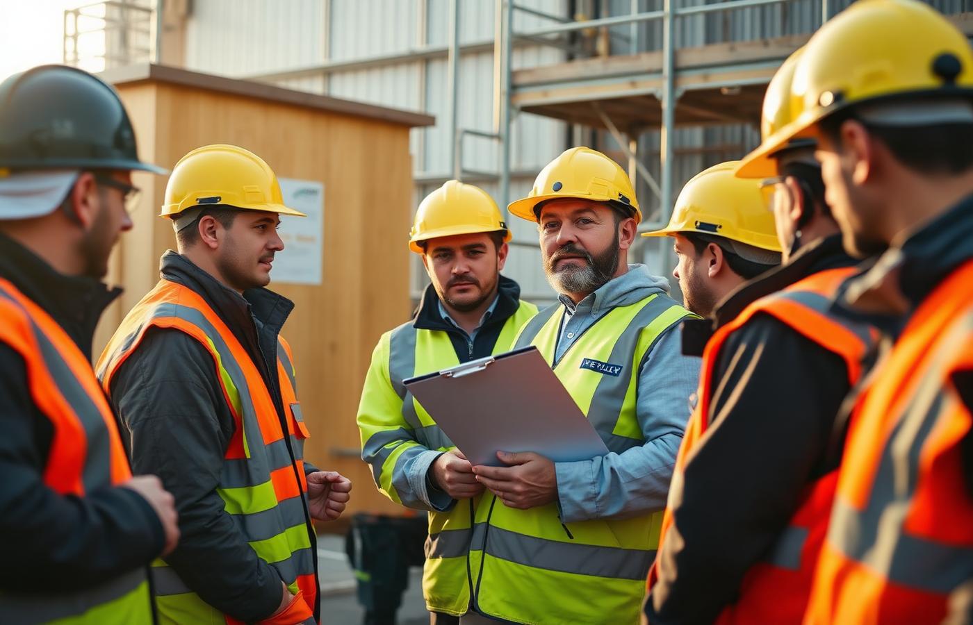 Site supervisor briefing a team of operatives in hard hats and hi-vis from a clipboard