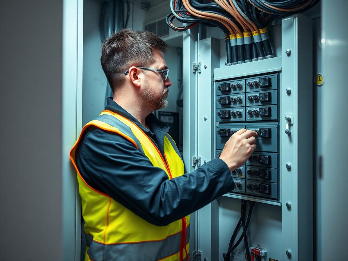 Electrician working on a commercial distribution board