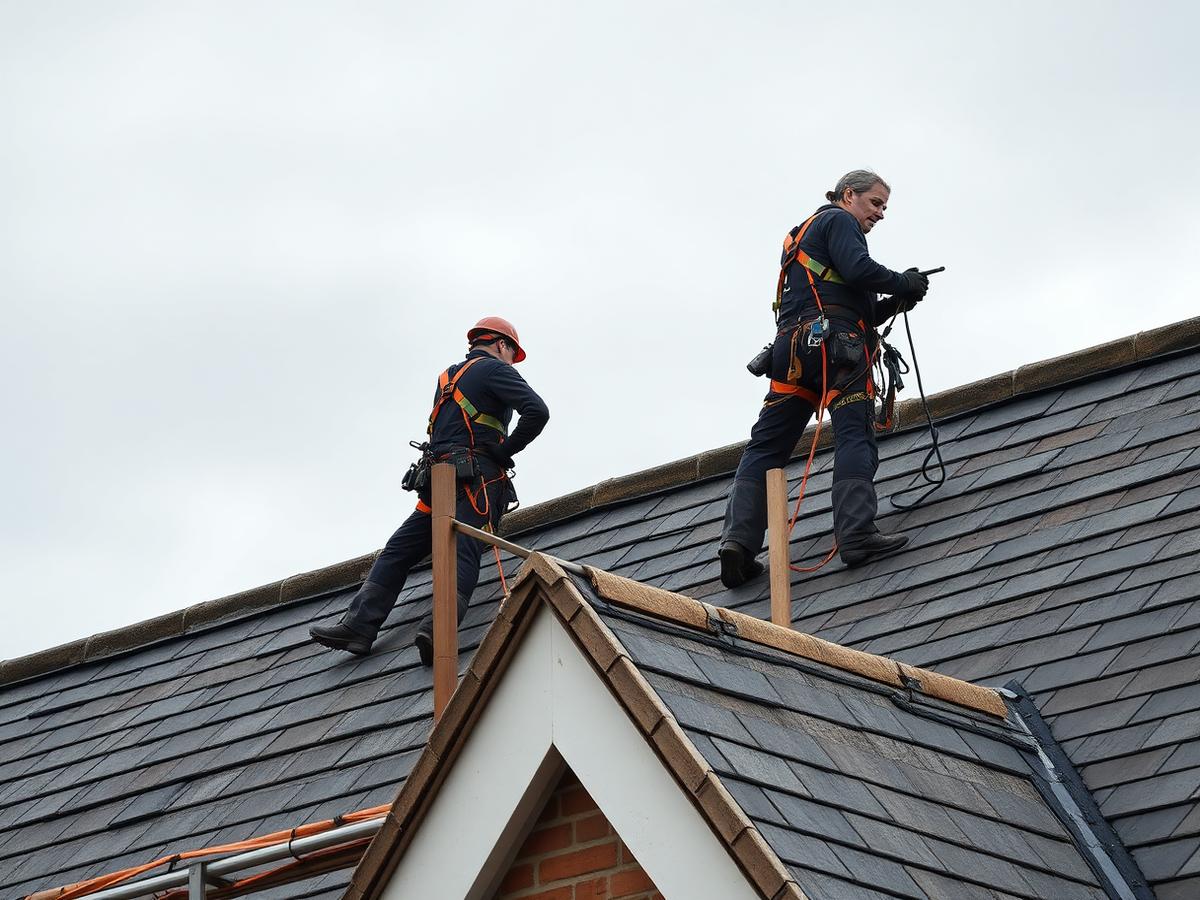 Roofers working at height with edge protection in place