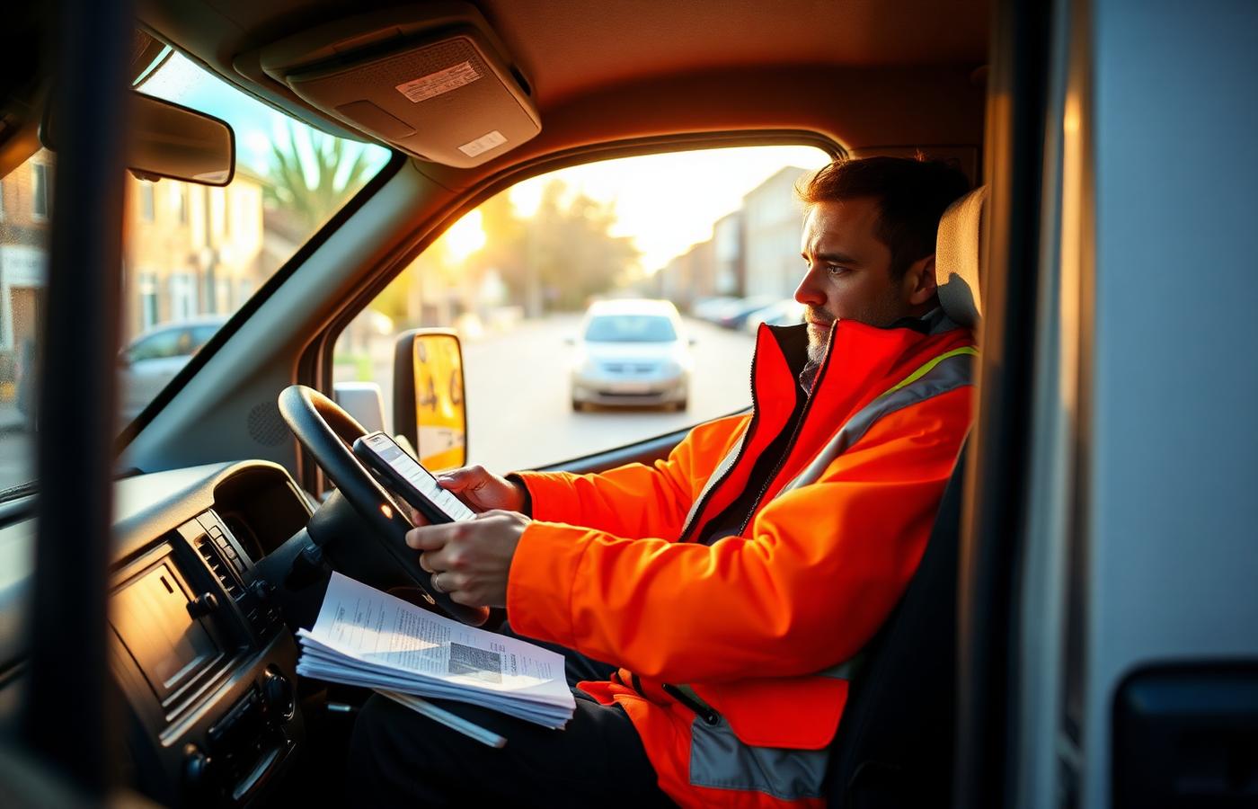 Tradesperson in a van filling in job paperwork on a phone before starting work